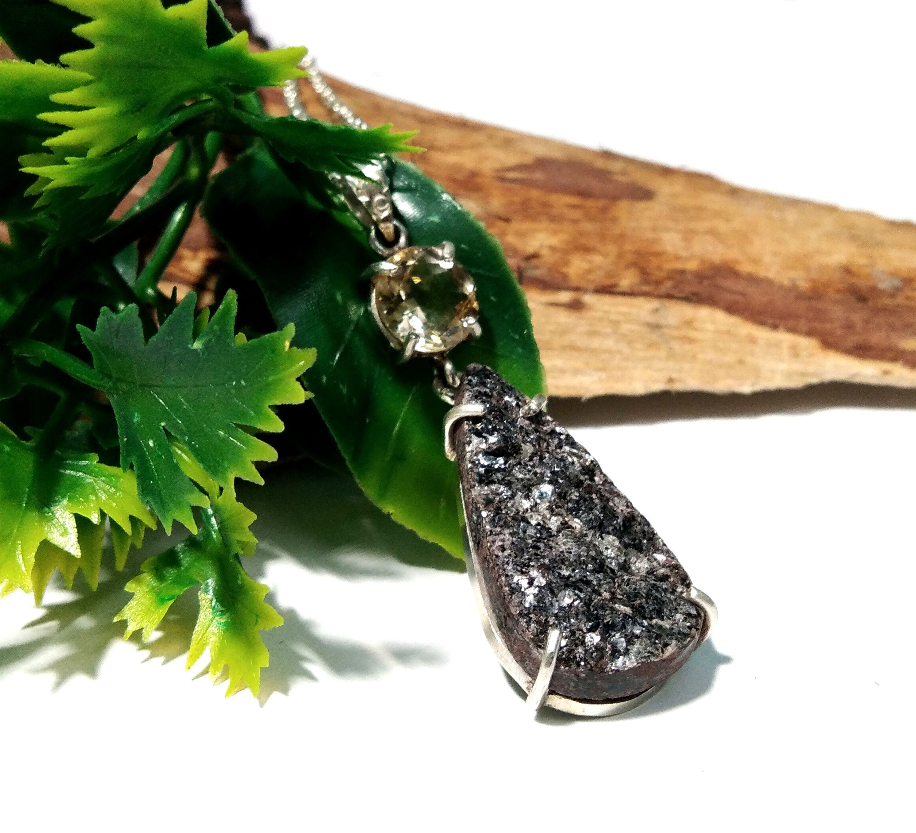 Natural Black Silver Mica Druzy/Citrine Gemstone Chain Pendant Necklace,  925 Starling Silver Jewelry Druzy Stone Pendant For Gift Pendant